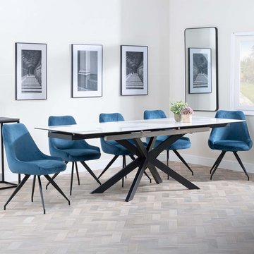 Sutton extending dining set - 6-8 seater - 140cm-200cm - white ceramic - arctic dining chairs - blue velvet fabric - swivel