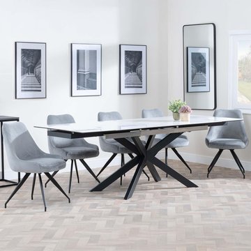 Get 2 chairs free - sutton extending dining set - 6-8 seater - 140cm-200cm - white ceramic - arctic dining chairs - grey velvet fabric - swivel