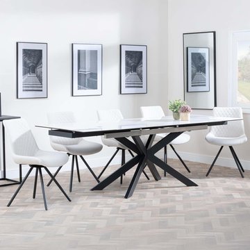 Get 2 chairs free - sutton extending dining set - 6-8 seater - 140cm-200cm - white ceramic - boden dining chairs - cream fabric - swivel