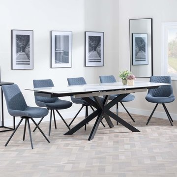 Get 2 chairs free - sutton extending dining set - 6-8 seater - 140cm-200cm - white ceramic - boden dining chairs - dark grey fabric - swivel