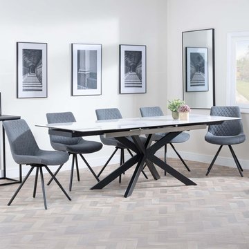 Get 2 chairs free - sutton extending dining set - 6-8 seater - 140cm-200cm - white ceramic - boden dining chairs - grey fabric - swivel
