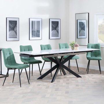 Get 2 chairs free - sutton extending dining set - 6-8 seater - 140cm-200cm - white ceramic - corona dining chairs - green fabric