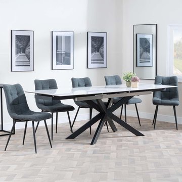 Get 2 chairs free - sutton extending dining set - 6-8 seater - 140cm-200cm - white ceramic - corona dining chairs - light grey fabric