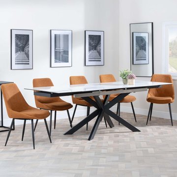 Get 2 chairs free - sutton extending dining set - 6-8 seater - 140cm-200cm - white ceramic - darwin dining chairs - orange fabric