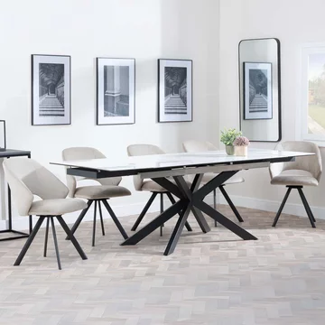 Get 2 chairs free - sutton extending dining set - 6-8 seater - 140cm-200cm - white ceramic - ion dining chairs - beige velvet fabric - swivel
