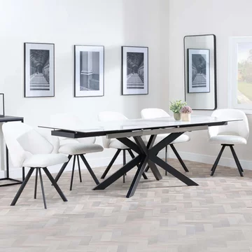 Sutton extending dining set - 6-8 seater - 140cm-200cm - white ceramic - ion dining chairs - cream boucle teddy fabric - swivel