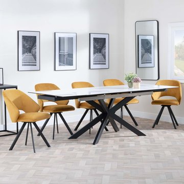 Get 2 chairs free - sutton extending dining set - 6-8 seater - 140cm-200cm - white ceramic - ion dining chairs - mustard velvet fabric - swivel