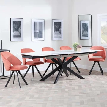Get 2 chairs free - sutton extending dining set - 6-8 seater - 140cm-200cm - white ceramic - ion dining chairs - orange velvet fabric - swivel