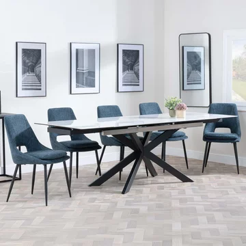 Get 2 chairs free - sutton extending dining set - 6-8 seater - 140cm-200cm - white ceramic - peyton dining chairs - blue fabric