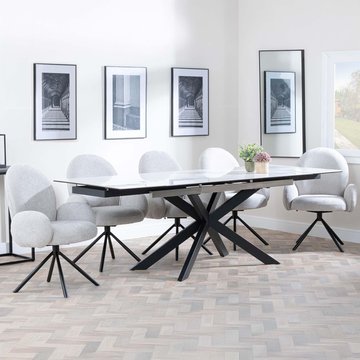 Get 2 chairs free - sutton extending dining set - 6-8 seater - 140cm-200cm - white ceramic - theo dining chairs - grey fabric - swivel