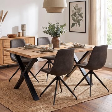 Toulon dining set - 140cm - wavy edge - cross leg - natural and black - oak and metal - 4 monaco grey swivel chairs