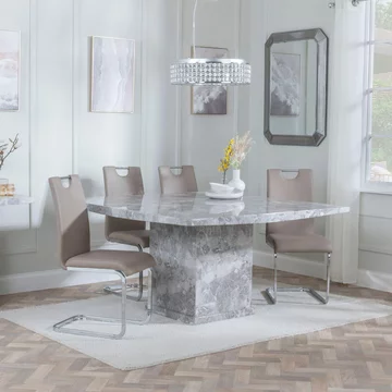 Clearance - turin dining set - 8 seater - 140cm - square - grey marble - bianco dining chairs - beige faux leather