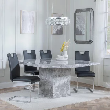 Clearance - turin dining set - 8 seater - 140cm - square - grey marble - bianco dining chairs - black faux leather