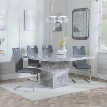 Clearance - turin dining set - 8 seater - 140cm - square - grey marble - bianco dining chairs - grey faux leather