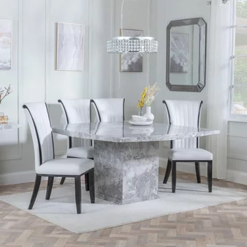 Clearance - turin dining set - 8 seater - 140cm - square - grey marble - cadiz dining chairs - white leather