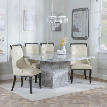 Clearance - turin dining set - 8 seater - 140cm - square - grey marble - carmela dining chairs - cream leather