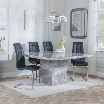 Clearance - turin dining set - 8 seater - 140cm - square - grey marble - jamison dining chairs - black faux leather