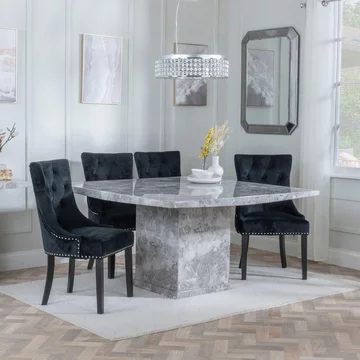 Clearance - turin dining set - 8 seater - 140cm - square - grey marble - knocker back dining chairs - black velvet fabric - black wooden legs