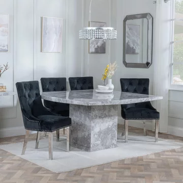 Clearance - turin dining set - 8 seater - 140cm - square - grey marble - knocker back dining chairs - black velvet fabric - chrome legs