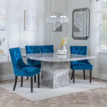 Clearance - turin dining set - 8 seater - 140cm - square - grey marble - knocker back dining chairs - blue velvet fabric - black wooden legs
