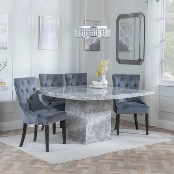 Clearance - turin dining set - 8 seater - 140cm - square - grey marble - knocker back dining chairs - grey velvet fabric - black wooden legs
