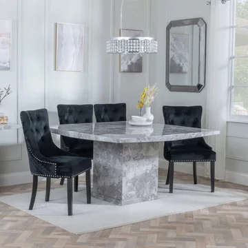 Clearance - turin dining set - 8 seater - 140cm - square - grey marble - lion knocker back dining chairs - black velvet fabric - black wooden legs