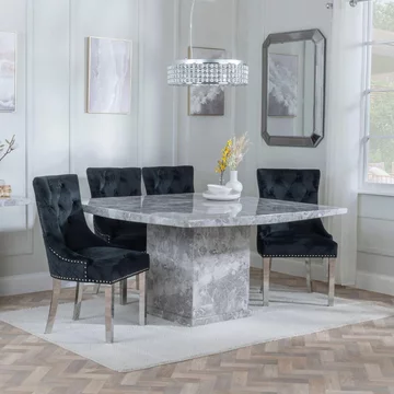 Clearance - turin dining set - 8 seater - 140cm - square - grey marble - lion knocker back dining chairs - black velvet fabric - chrome legs