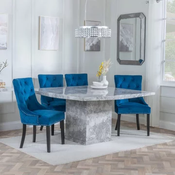 Clearance - turin dining set - 8 seater - 140cm - square - grey marble - lion knocker back dining chairs - blue velvet fabric - black wooden legs