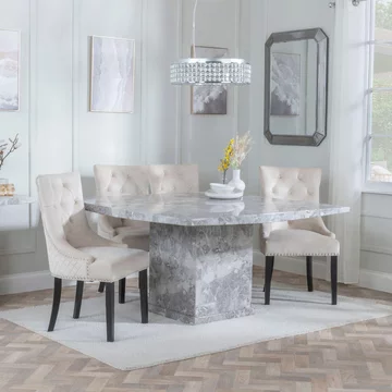 Clearance - turin dining set - 8 seater - 140cm - square - grey marble - lion knocker back dining chairs - champagne velvet fabric - black wooden legs