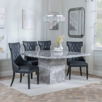 Clearance - turin dining set - 8 seater - 140cm - square - grey marble - mimi dining chairs - black leather