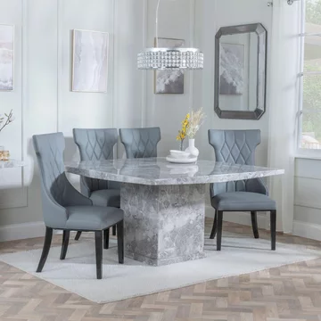 Clearance - turin dining set - 8 seater - 140cm - square - grey marble - mimi dining chairs - grey leather