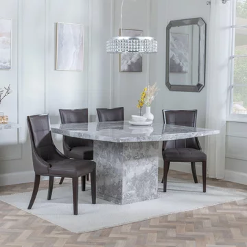 Clearance - turin dining set - 8 seater - 140cm - square - grey marble - paris dining chairs - brown leather - brown legs