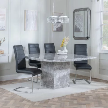 Clearance - turin dining set - 8 seater - 140cm - square - grey marble - roma dining chairs - black faux leather
