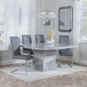 Clearance - turin dining set - 8 seater - 140cm - square - grey marble - roma dining chairs - grey faux leather