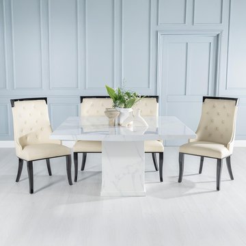 Turin dining set - 8 seater - 140cm - square - white marble - carmela chairs - cream faux leather