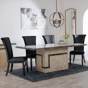 Venice dining set - 6 seater - 160cm - cream marble - cadiz dining chairs - black leather