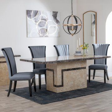 Venice dining set - 6 seater - 160cm - cream marble - cadiz dining chairs - grey leather