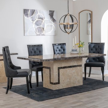 Venice dining set - 6 seater - 160cm - cream marble - carmela dining chairs - black leather