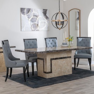 Venice dining set - 6 seater - 160cm - cream marble - carmela dining chairs - grey leather