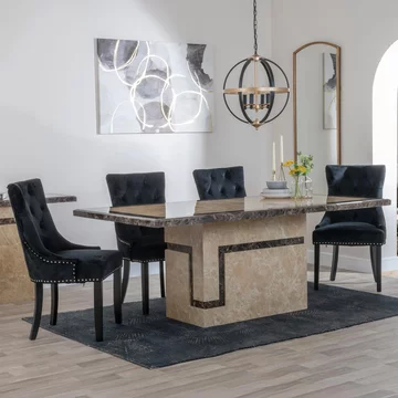 Venice dining set - 6 seater - 160cm - cream marble - knocker back dining chairs - black velvet fabric - black wooden legs