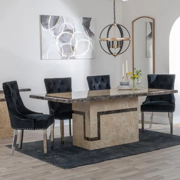 Venice dining set - 6 seater - 160cm - cream marble - knocker back dining chairs - black velvet fabric - chrome legs