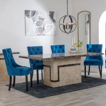 Venice dining set - 6 seater - 160cm - cream marble - knocker back dining chairs - blue velvet fabric - black wooden legs