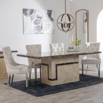 Venice dining set - 6 seater - 160cm - cream marble - knocker back dining chairs - champagne velvet fabric - chrome legs