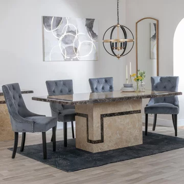 Venice dining set - 6 seater - 160cm - cream marble - knocker back dining chairs - grey velvet fabric - black wooden legs
