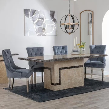 Venice dining set - 6 seater - 160cm - cream marble - knocker back dining chairs - grey velvet fabric - chrome legs