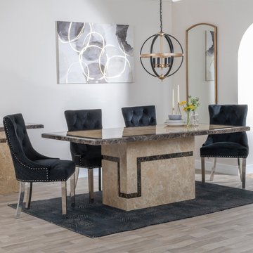 Venice dining set - 6 seater - 160cm - cream marble - lion knocker back dining chairs - black velvet fabric - chrome legs