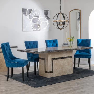 Venice dining set - 6 seater - 160cm - cream marble - lion knocker back dining chairs - blue velvet fabric - black wooden legs