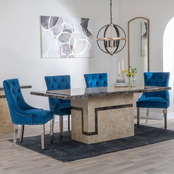 Venice dining set - 6 seater - 160cm - cream marble - lion knocker back dining chairs - blue velvet fabric - chrome legs
