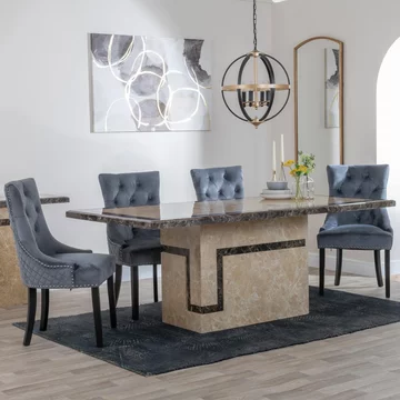 Venice dining set - 6 seater - 160cm - cream marble - lion knocker back dining chairs - grey velvet fabric - black wooden legs