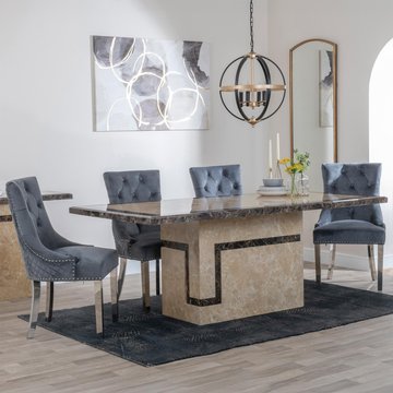 Venice dining set - 6 seater - 160cm - cream marble - lion knocker back dining chairs - grey velvet fabric - chrome legs
